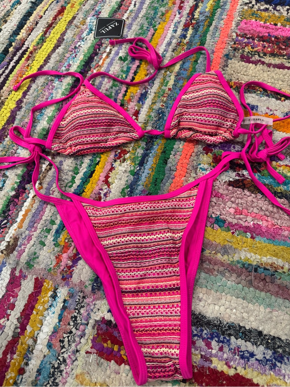 Zaful Pink Striped & Orange Missoni-esque Crochet-Trim Bikini Set